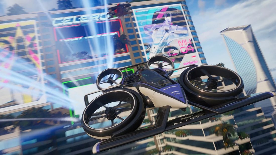 Celeros key art, a racing drone banking past a tower with the Celeros logo