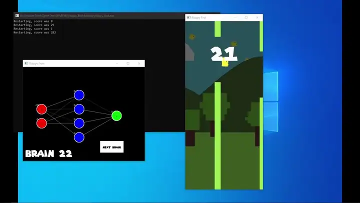 Looping clip of a neural-network bird playing Flappy Bird beside its network visualiser