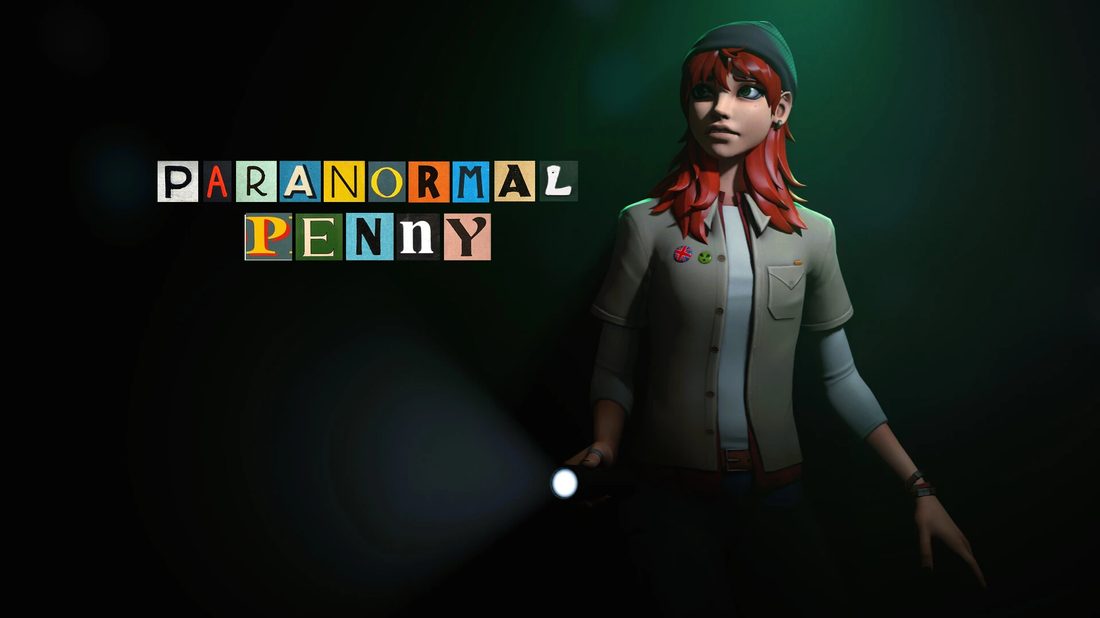Paranormal Penny key art, Penny holding a torch in the dark beside the title