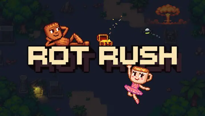 Rot Rush animated banner with Tung and Ballerina around the pixel wordmark