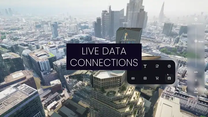 Looping clip of the SpaceForm live data platform flying over a city-scale model of London