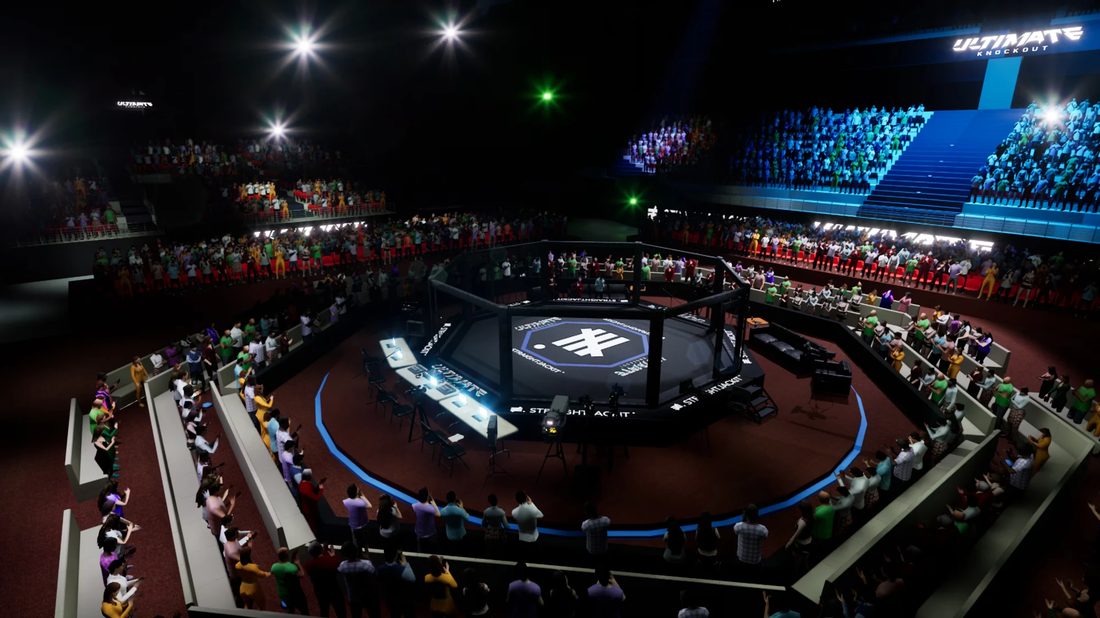 Ultimate Knockout arena, an octagon cage under stadium lights with a full crowd